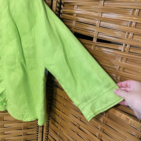 Kim Rogers Petite Linen Jacket P
Medium Green Ruffle Trim Open Front 3/4 Sleeve - Picture 6 of 9